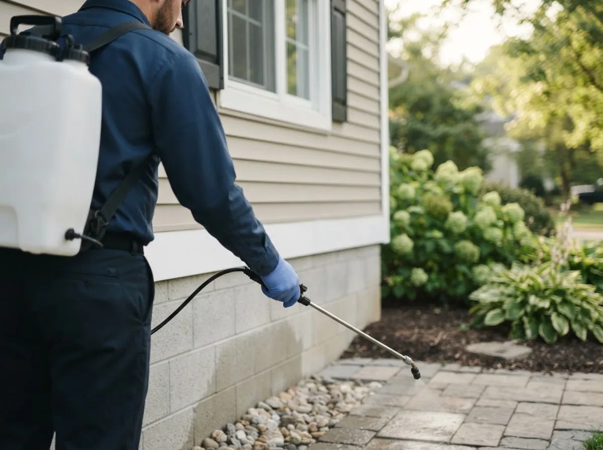 Pest control technician inspecting a home in Madera, PA